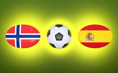 Avrupa Futbol Şampiyonası 2020. Futbol için zamanlama Norveç - İspanya ile eşleşir. Bayraklar ülkeler ve futbol topu. 3D çizim.