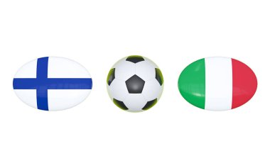 Avrupa Futbol Şampiyonası 2020. Futbol için zamanlama Finlandiya - İtalya ile eşleşir. Bayraklar ülkeler ve futbol topu. 3D çizim.