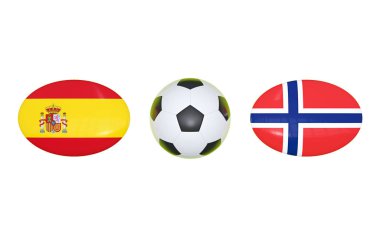 Avrupa Futbol Şampiyonası 2020. Futbol için zamanlama İspanya - Norveç ile eşleşir. Bayraklar ülkeler ve futbol topu. 3D çizim.
