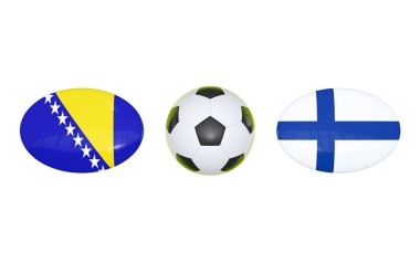 Avrupa Futbol Şampiyonası 2020. Futbol için zamanlama Bosna - Finlandiya ile eşleşir. Bayraklar ülkeler ve futbol topu. 3D çizim.