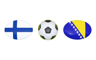 Avrupa Futbol Şampiyonası 2020. Futbol için zamanlama Finlandiya - Bosna ile eşleşir. Bayraklar ülkeler ve futbol topu. 3D çizim.