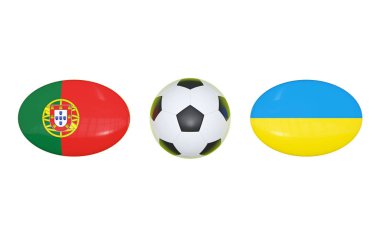 Avrupa Futbol Şampiyonası 2020. Zamanlama futbol Portekiz - Ukrayna ile eşleşir. Bayraklar ülkeler ve futbol topu. 3D çizim.