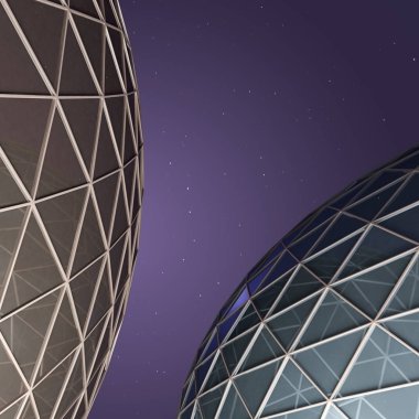 Gece aydınlatma ile modern bir tarz binada. Cam kubbeler. 3D çizim.