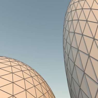 Modern tarzı binada gün güneş tarafından aydınlatılmış. Beyaz kubbeleri. 3D çizim.