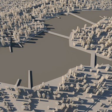 Kentsel teknoloji şehir konsepti. Nehirdeki şehir. 3d render