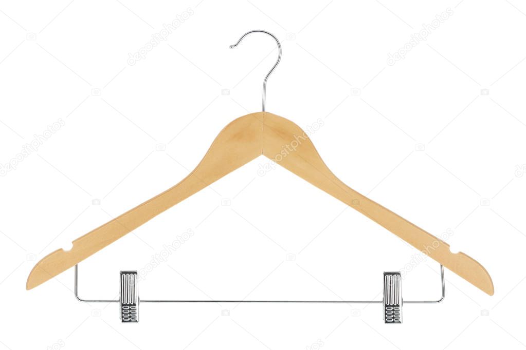 Wood clothes hanger with metal pants / skirt hanger isolated on a white background