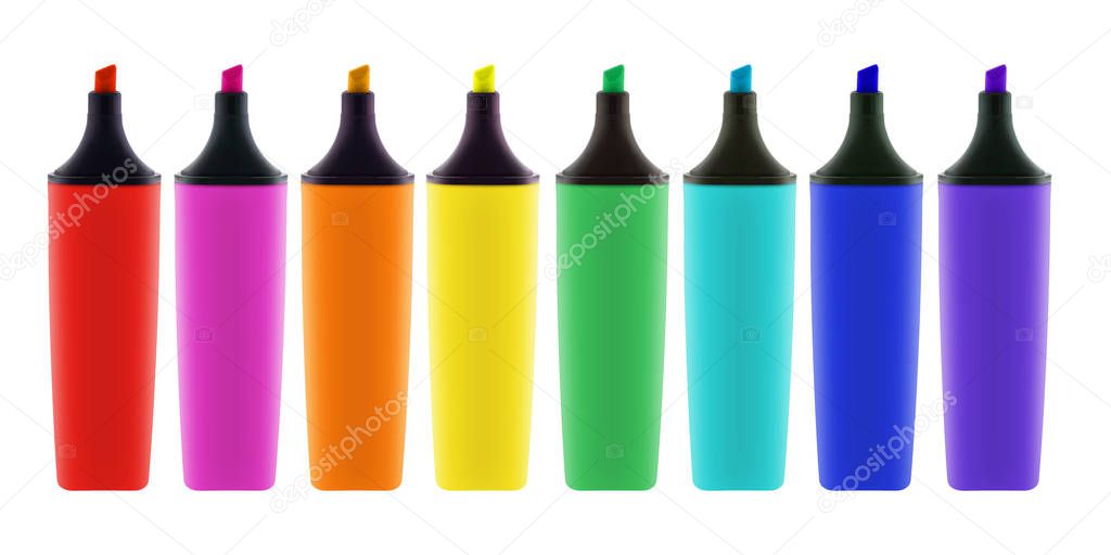 Eight colored highlighter pens with clipping path