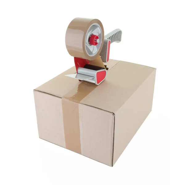 Tape gun and cardboard box on white with clipping path — Stock Photo, Image