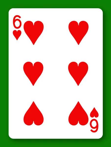 6 Karta do gry Six of Hearts ze ścieżką wycinania, aby usunąć tło i cień — Zdjęcie stockowe