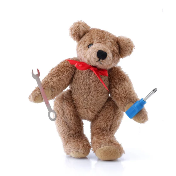汉迪泰迪熊与工具螺丝刀扳手白色 — 图库照片