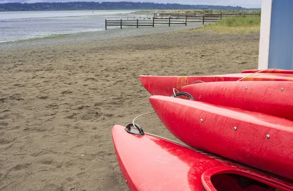Empty Red Plastic Recreational Kayaks Rent Hire Stored Sandy Beach — Stock Photo, Image