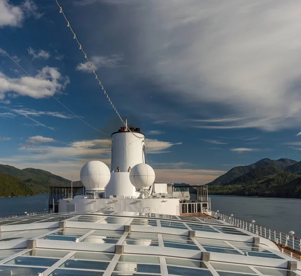 Inside Passage, BC, Canada - September 13, 2018: Exterior view of Magrodome glass roof, antenna and funnel of cruise ship. — Stock Photo, Image