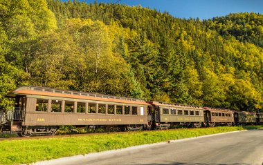 15 Eylül 2018 - Skagway, Ak: Dewey Creek yakınındaki Kongre yolu ile birlikte seyahat eden beyaz Pass antika demiryolu araçları.