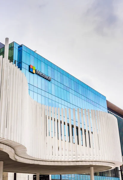 May 12, 2019 - Vancouver, Canada: Logo of Microsoft Corporation on West side of Pacific Cente Mall above Howe Street. — Stock Photo, Image