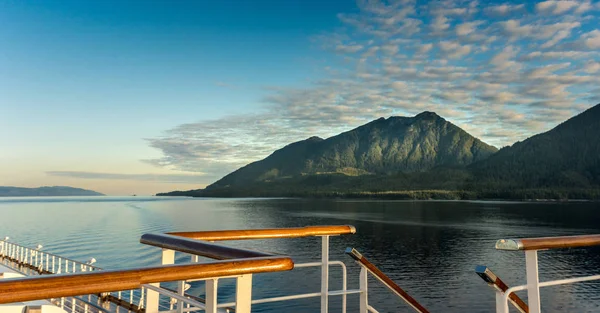 Railing and stairs, top deck of cruise ship, early morning, Inside Passage route. — Stock Photo, Image