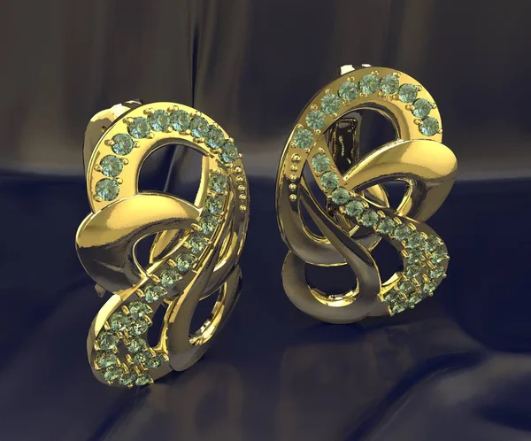 3d illustration. Earrings with green precious stones.