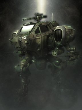 bir fantastik koyu background.Military robot 3D çizim.