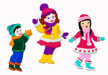 Kış giysileri çocuklar. Aplike kumaş taklidi. Beyaz arka plan üzerinde izole.