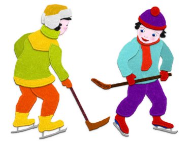 Hokey çocuklar. Aplike kumaş taklidi. Beyaz arka plan üzerinde izole.