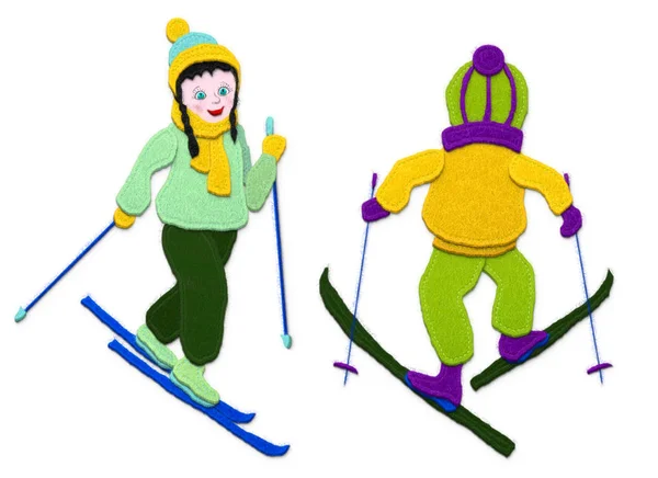 Děti lyžování. Imitace nášivka tkaniny. Izolované na bílém pozadí. — Stock fotografie