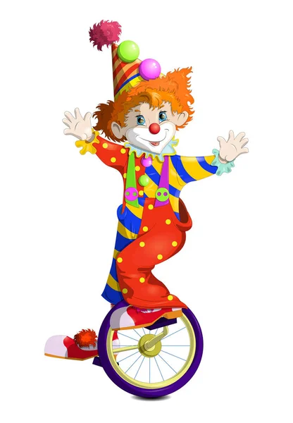 Vector Tekening Roodharige Clown Een Hoed Fiets — Stockvector