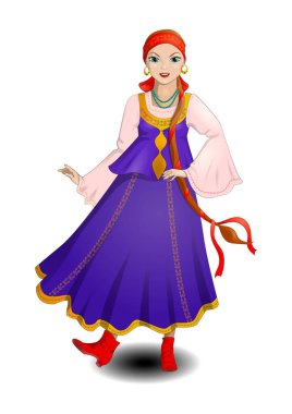 Kız bir sarafan ve kırmızı çizmeler dans.