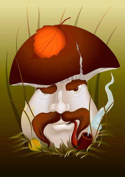 The mustachioed mushroom Borovik smokes a pipe in the autumn wood. Vector.