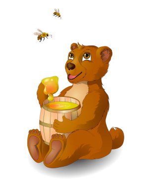 Ayı varil ve arılar izlerken bal yiyor.