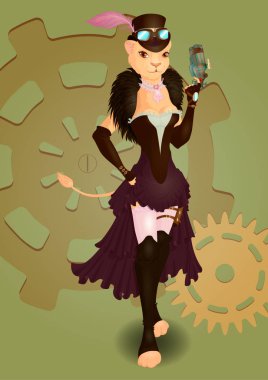 Bir korse, Etek, silindir şapka ve bir silahla bir dişi aslan. Steampunk.