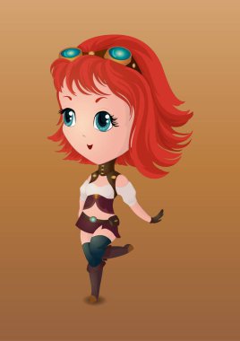 Bebek kıyafeti kahverengi bir arka plan üzerinde steampunk tarzı Chibi. Vektör çizim.