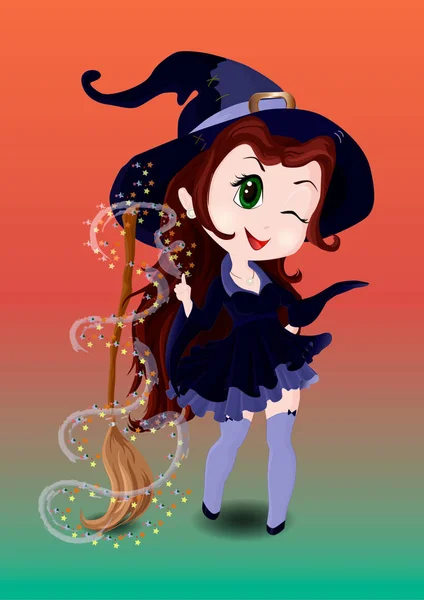 Výkres Halloween Dívka Witch Chibi Okouzlí Koště — Stockový vektor