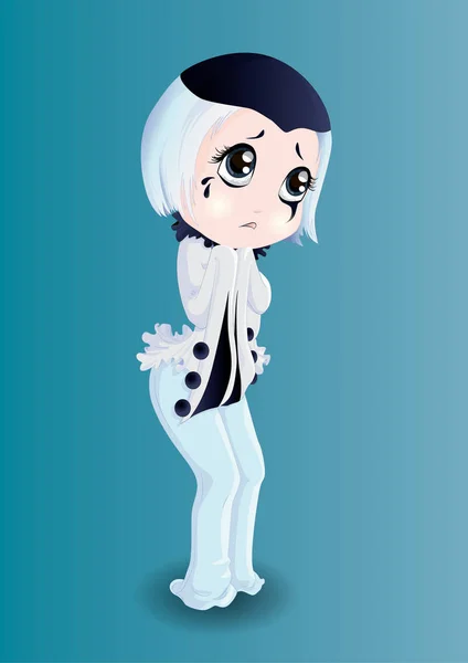 Trieste Pierrot Chibi Meisje Een Kostuum Voor Carnaval — Stockvector