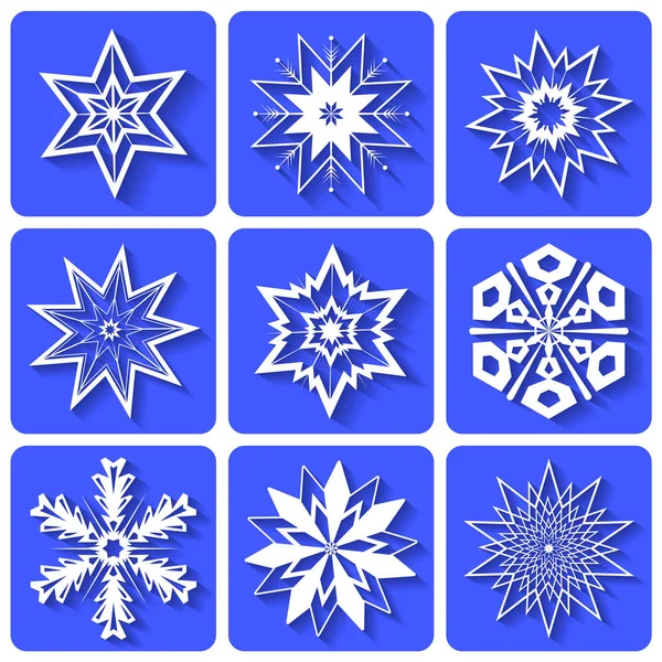Grafische Pictogrammen Witte Sneeuwvlokken Kristallen Negen Sneeuwvlokken Een Blauwe Achtergrond — Stockvector