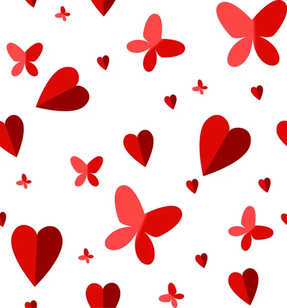 Patrón Sin Costuras Corazones Mariposas Diferentes Tamaños Sobre Fondo Sólido — Vector de stock