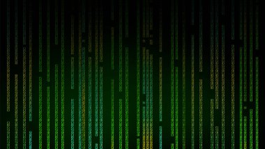 Soyut arkaplan. Siyah ve yeşil arkaplandaki dikey yeşil ve çok renkli semboller.