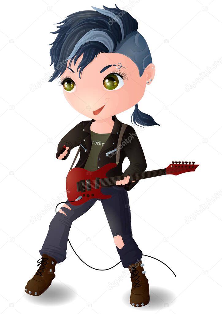 Chibi boy in a leather jacket and an electric guitar. Vector illustration.