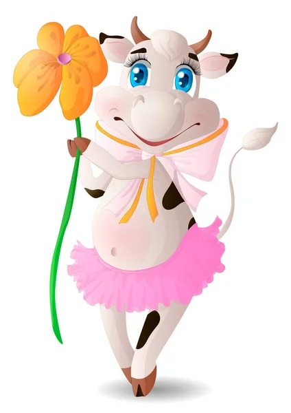Μια Αγελάδα Μια Ροζ Φούστα Ένα Πορτοκαλί Λουλούδι Στα Χέρια Royalty Free Διανύσματα Αρχείου