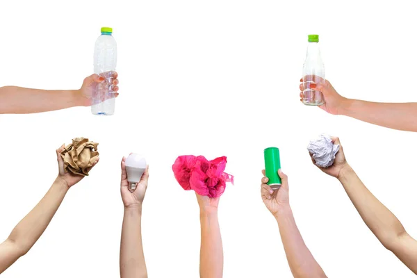 Recycleerbaar Hand Greep Toon Symbool Plastic Fles Gebruikt Papier Ingeblikte — Stockfoto