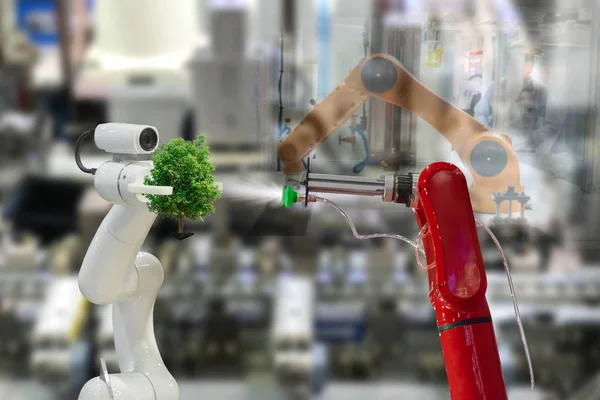 Robot Planta Uma Árvore Ambiental Árvore Industrial Futuro Braço — Fotografia de Stock