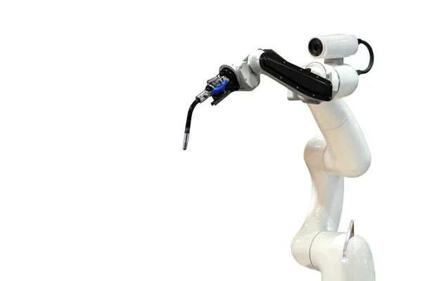Robô Braço Mecânico Câmera Futuro Trabalhar Vez Homem Fundo Branco — Fotografia de Stock