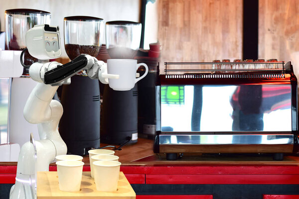 Robot hold hot coffee drinks to people work instead of man future 4.0 technology