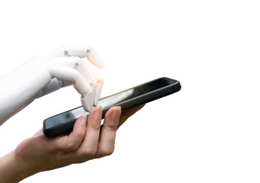 Robot yapay zeka geçiş insan el robot yandan basın için smartphone düğmesini beyaz arka plan