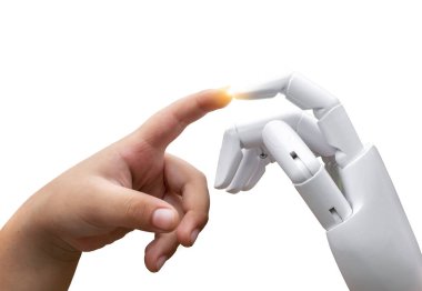 Robot el basın veya beyaz zemin robot yapay zeka gelecek geçiş çocuk insan eli parmak vurmak