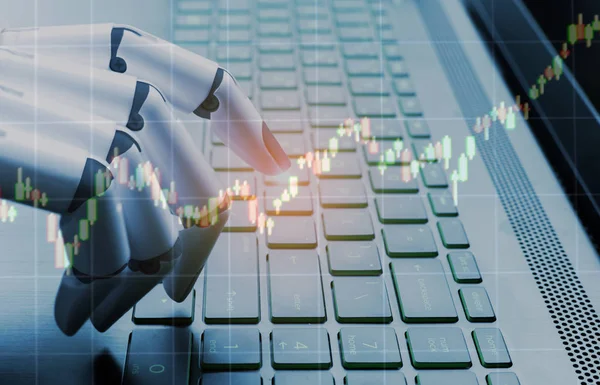 Robot iş kavramı Pazar Analizi grafiği, robot el bilgisayar klavye tuşuna basarak girin