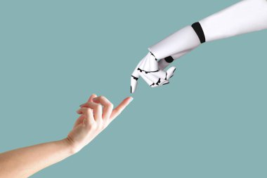 İnsan el ve robot el sistem kavramı entegrasyon ve koordinasyon fikri teknoloji.