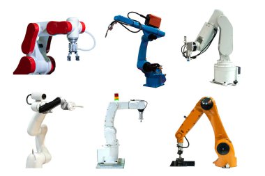 Toplama Robot mekanik kol ve kamera adam beyaz arka plan yerine iş belgili tanımlık gelecek,