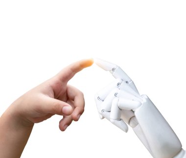 Robot el basın veya beyaz zemin robot yapay zeka gelecek geçiş çocuk insan eli parmak vurmak