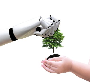 Robot el bir ağaç teknoloji ve çevre tutarak çocukların eline koy