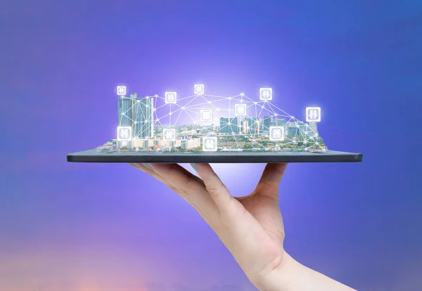 Tecnologia Comunicação Mídia Social Sociedade Online Cidade Tablet — Fotografia de Stock