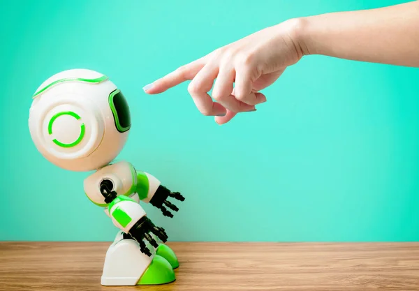 Kéz Mutató Ember Robot Technológia Emberi Helyettesítő Munka — Stock Fotó